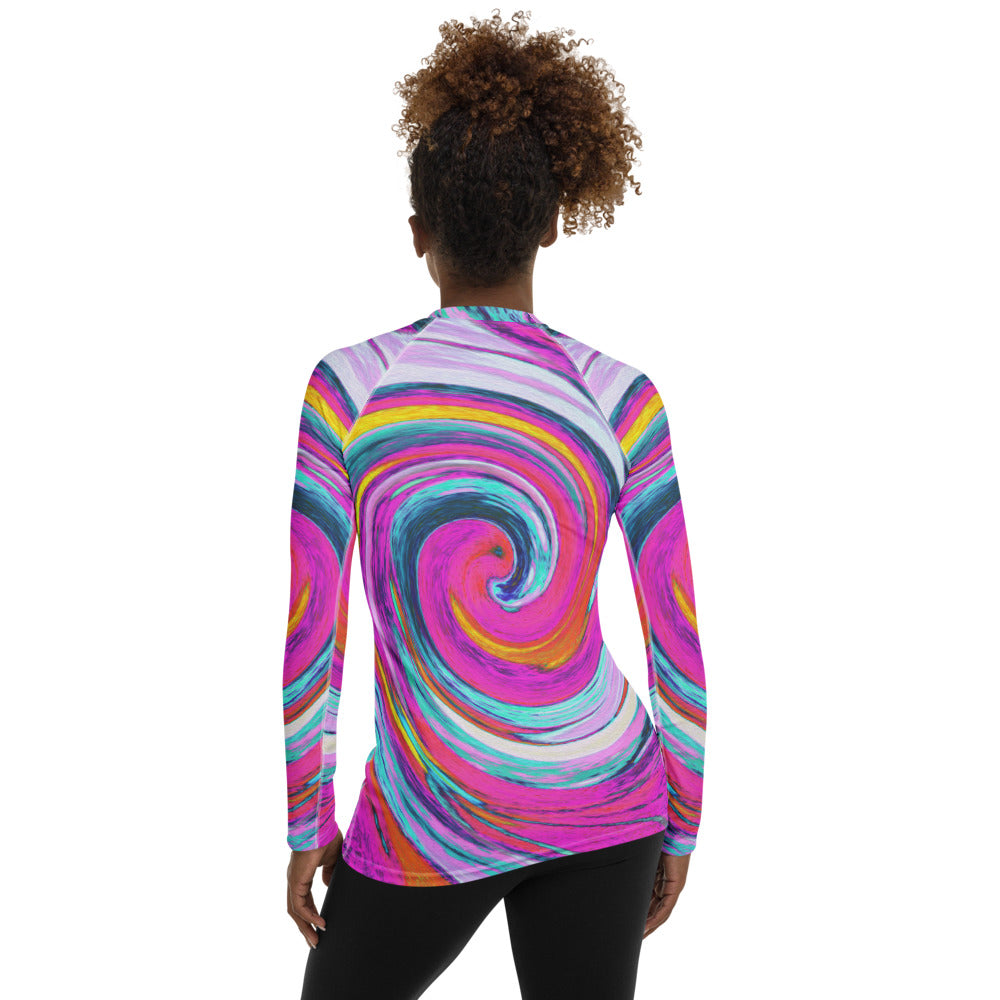 Women's Rash Guard Shirts, Cool Retro Magenta, Pink and Blue Liquid Art Swirl