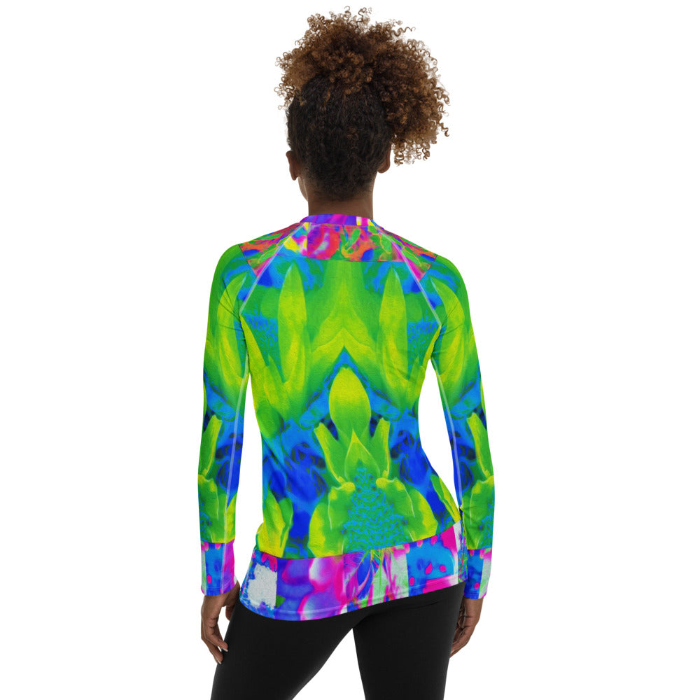 Women's Rash Guard Shirts, Abstract Patchwork Sunflower Garden Collage All Over Print