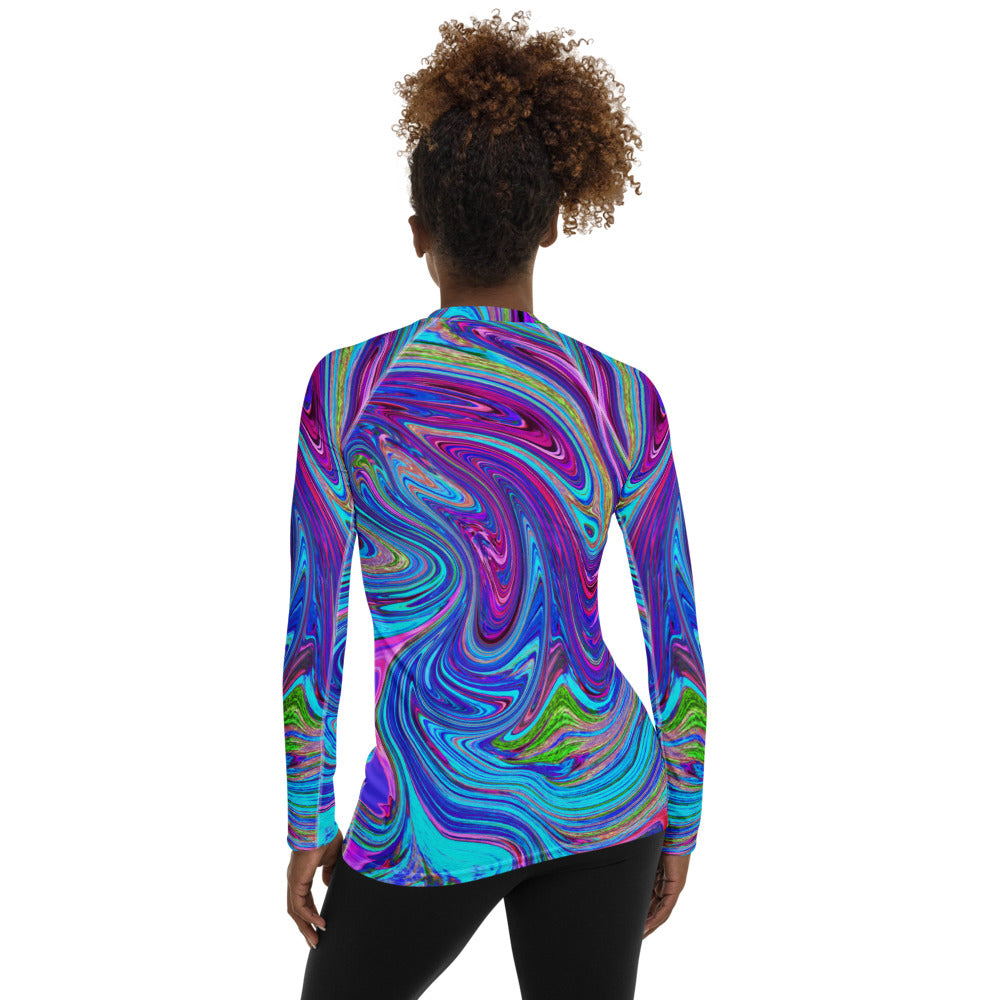 Women's Rash Guard Shirts, Blue, Pink and Purple Groovy Abstract Retro Art