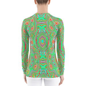 Women's Rash Guard Shirts, Trippy Retro Orange and Lime Green Abstract Pattern