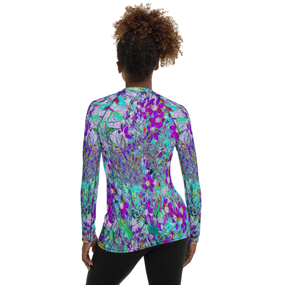 Women's Rash Guard Shirts, Aqua Garden with Violet Blue and Hot Pink Flowers