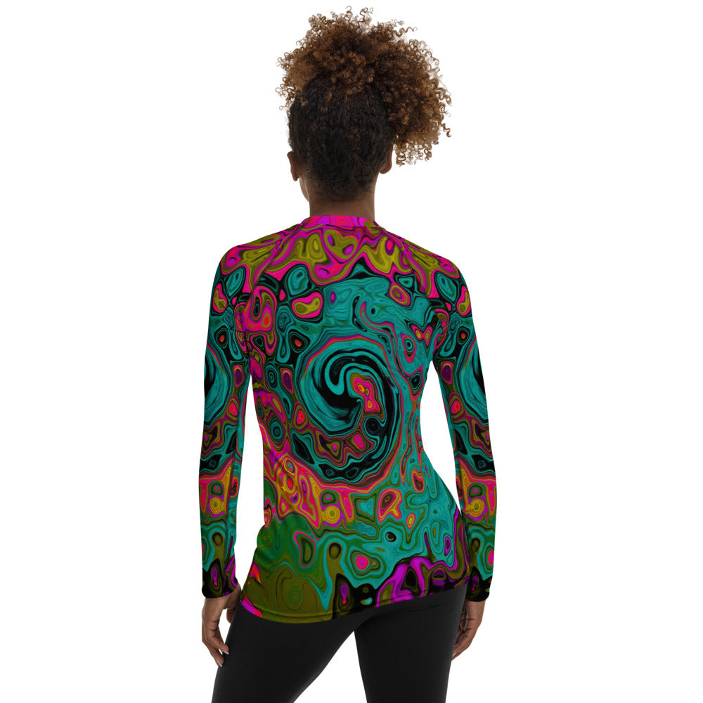 Women's Rash Guard Shirts, Trippy Turquoise Abstract Retro Liquid Swirl