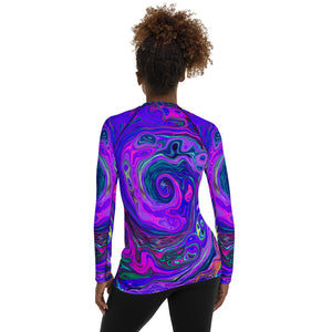 Women's Rash Guard Shirts, Groovy Abstract Retro Magenta and Purple Swirl