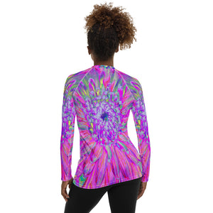 Women's Rash Guard Shirts, Cool Pink Blue and Purple Artsy Dahlia Bloom