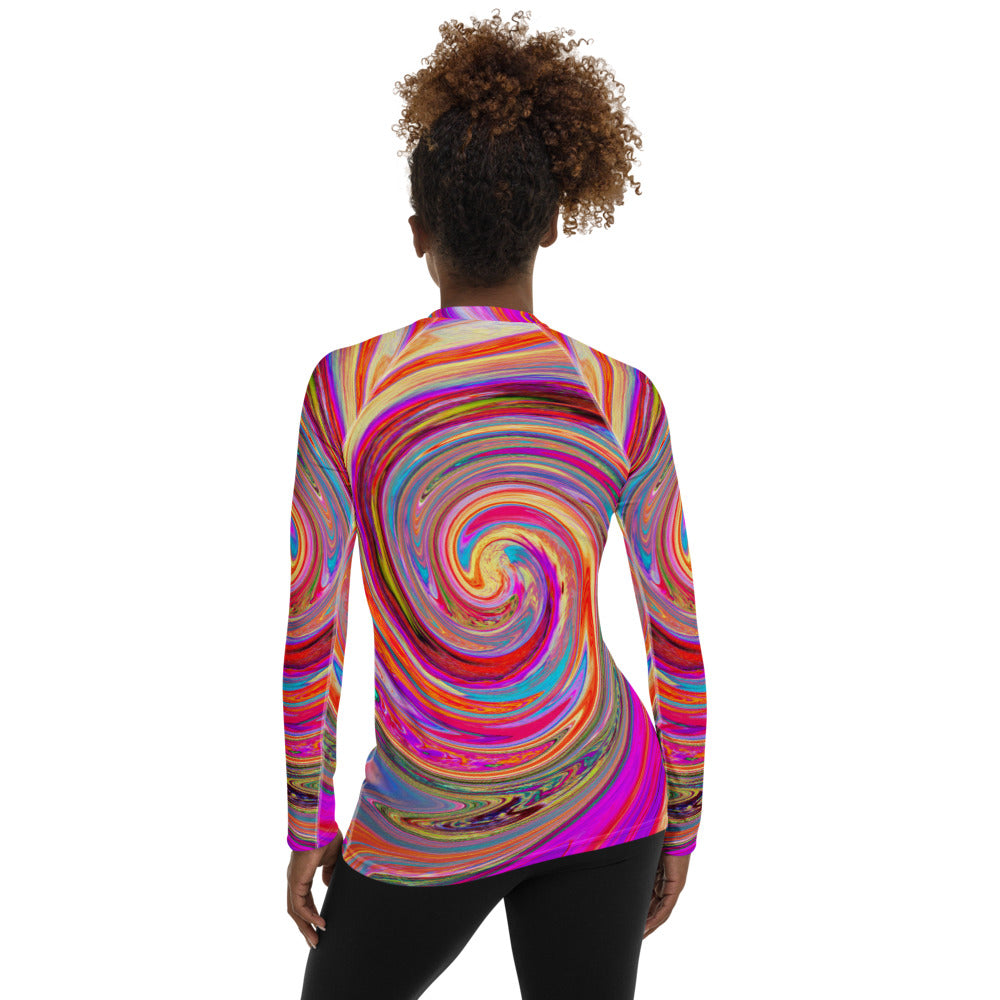 Women's Rash Guard Shirts, Colorful Rainbow Swirl Retro Abstract Design