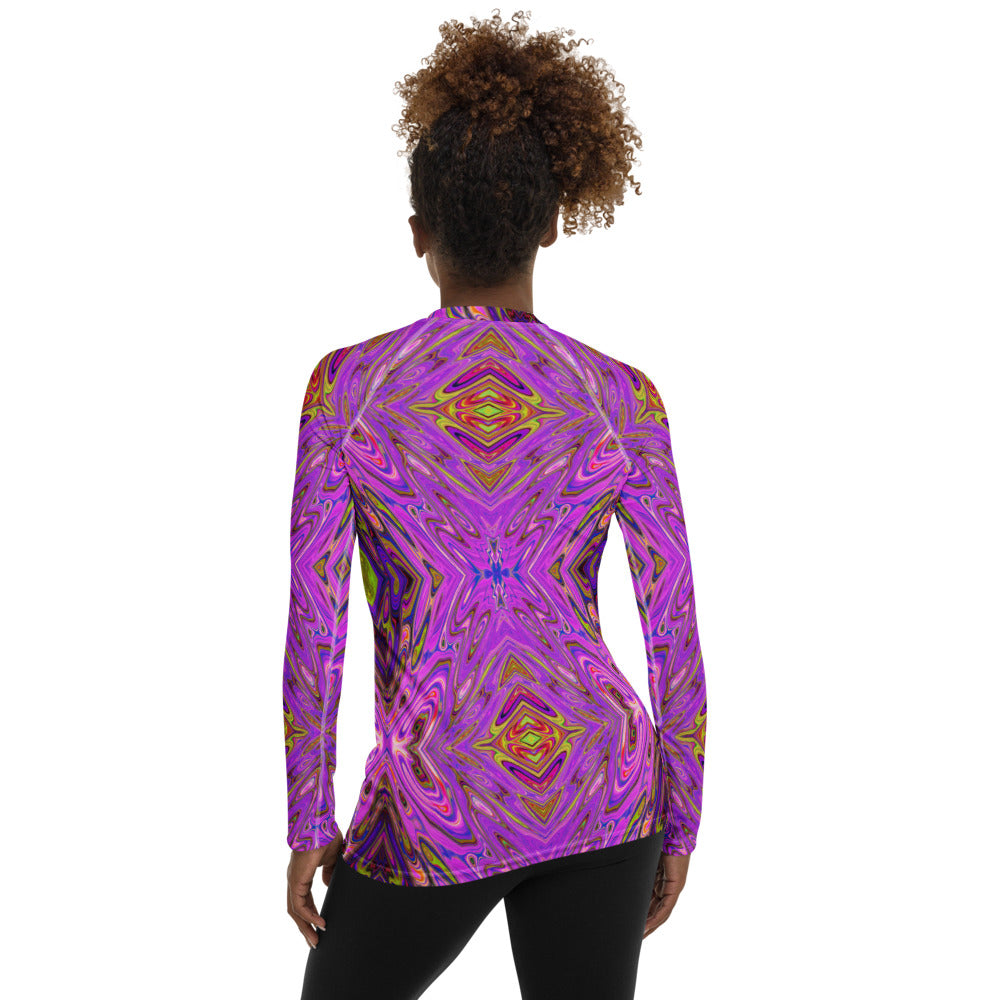 Women's Rash Guard Shirts, Trippy Pink and Purple Abstract Pattern