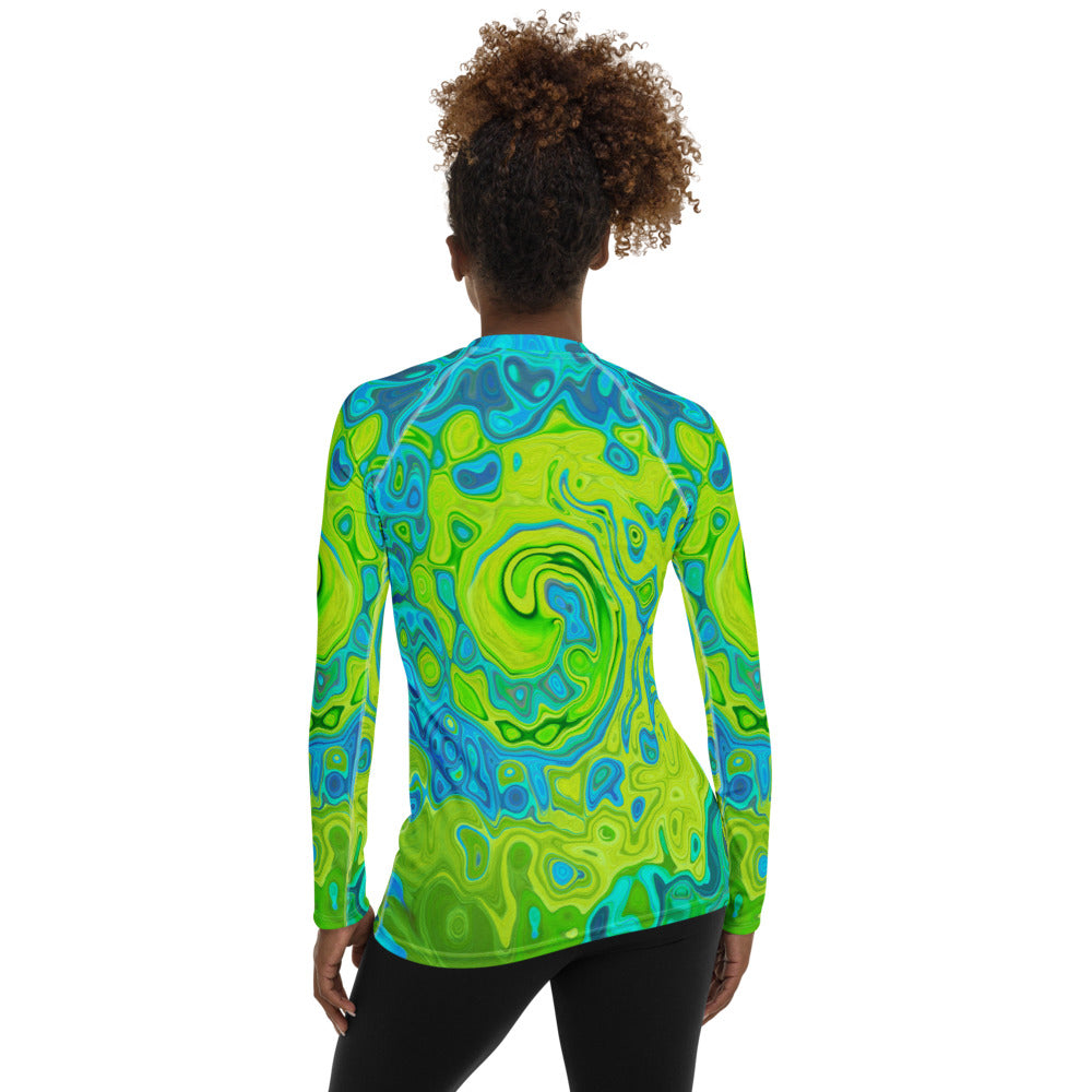 Women's Rash Guard Shirts, Groovy Chartreuse and Aquamarine Liquid Swirl