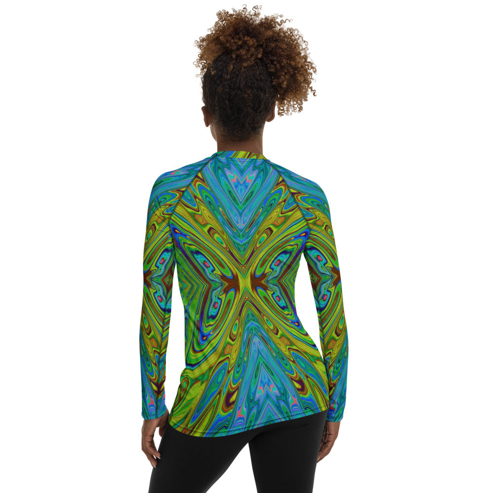 Women's Rash Guard Shirts, Trippy Chartreuse and Blue Abstract Butterfly