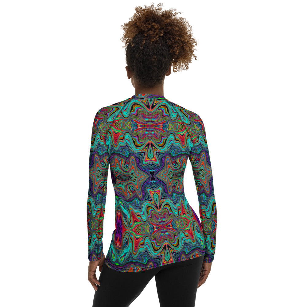 Women's Rash Guard Shirts, Wavy Sea Foam Green and Red Trippy Pattern