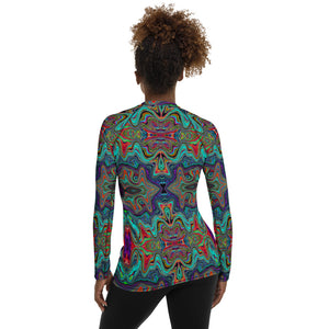 Women's Rash Guard Shirts, Wavy Sea Foam Green and Red Trippy Pattern