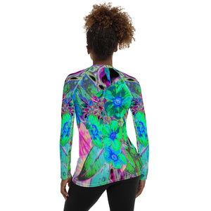 Women's Rash Guard Shirt, Psychedelic Trippy Lime Green and Blue Flowers
