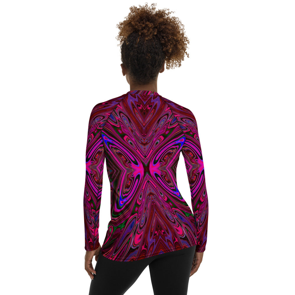 Women's Rash Guard Shirts, Trippy Hot Pink, Red and Blue Abstract Butterfly