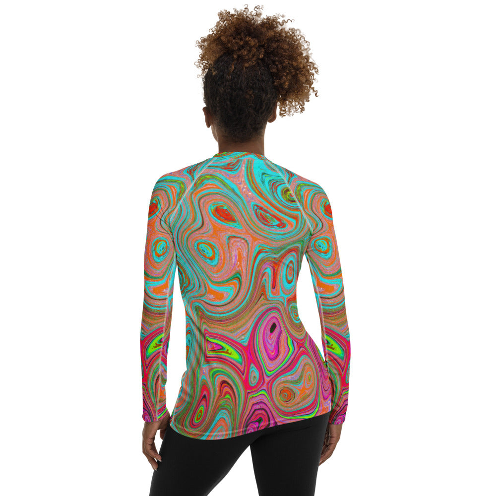 Women's Rash Guard Shirts, Trippy Retro Orange and Aqua Groovy Abstract Art