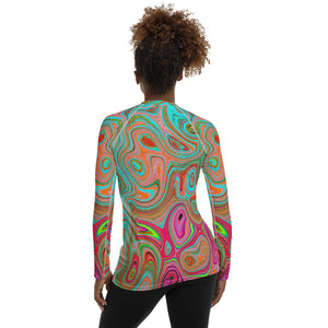 Women's Rash Guard Shirts, Trippy Retro Orange and Aqua Groovy Abstract Art