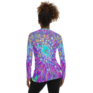 Women's Rash Guard Shirts, Purple and Robin's Egg Blue Decorative Dahlia