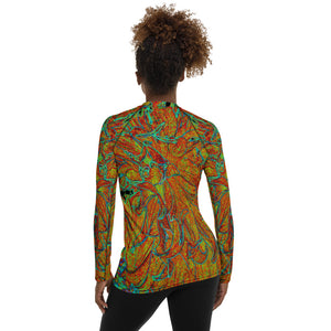 Women's Rash Guard Shirts, Abstract Burnt Orange and Green Dahlia Bloom