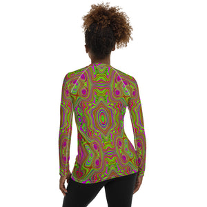 Women's Rash Guard Shirts, Trippy Retro Chartreuse Magenta Abstract Pattern