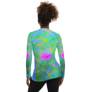 Women's Rash Guard Shirts, Pink Rose of Sharon Impressionistic Garden