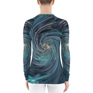 Women's Rash Guard Shirts, Cool Abstract Retro Black and Teal Cosmic Swirl