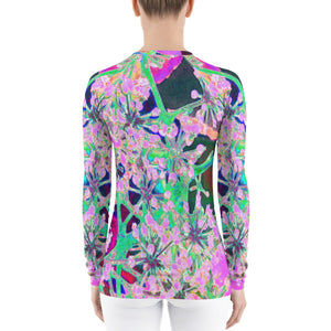 Women's Rash Guard Shirts, Cool Abstract Retro Nature in Pink and Lime Green