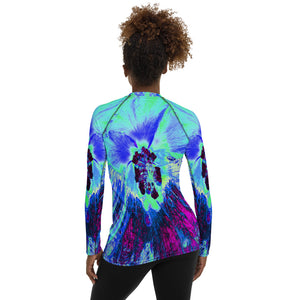 Women's Rash Guard Shirts, Psychedelic Retro Green and Blue Hibiscus Flower