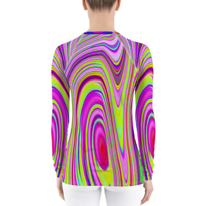 Women's Rash Guard Shirts, Trippy Yellow and Pink Abstract Groovy Retro Art