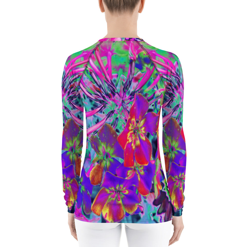 Women's Rash Guard Shirts, Dramatic Psychedelic Colorful Red and Purple Flowers