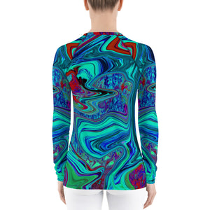 Women's Rash Guard Shirts, Groovy Abstract Retro Art in Blue and Red
