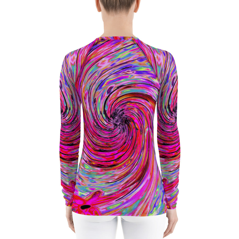Women's Rash Guard Shirts, Cool Abstract Retro Hot Pink and Red Floral Swirl