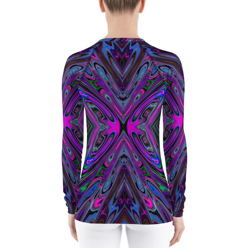Women's Rash Guard Shirts, Trippy Magenta, Blue and Green Abstract Butterfly