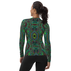 Women's Rash Guard Shirts, Trippy Retro Black and Lime Green Abstract Pattern