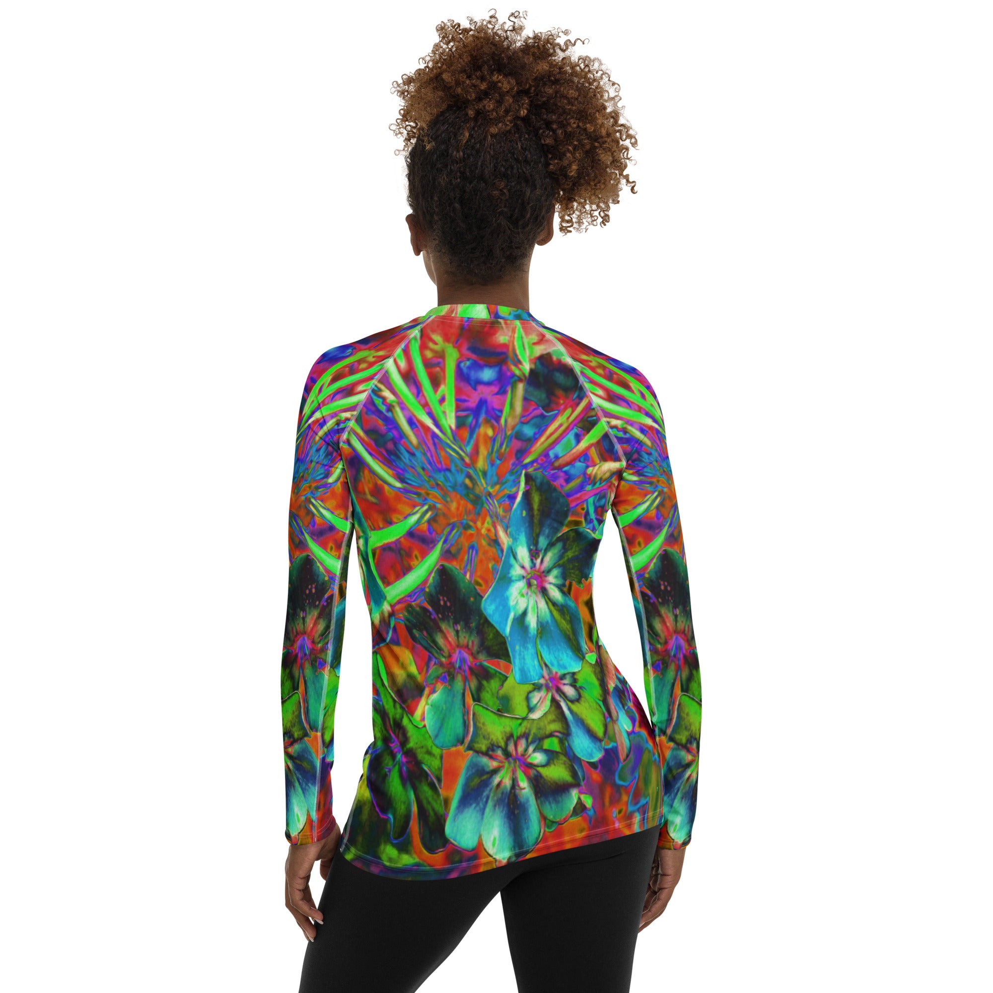 Women's Rash Guard Shirts, Blooming Abstract Blue and Lime Green Flower