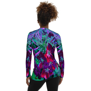 Women's Rash Guard Shirts, Dramatic Red, Purple and Pink Garden Flower