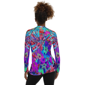 Women's Rash Guard Shirts, Blooming Abstract Purple and Blue Flower