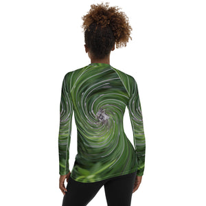 Women's Rash Guard Shirts, Cool Abstract Retro Chartreuse Green Floral Swirl