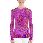 Women's Rash Guard Shirts, Hot Pink Marbled Colors Abstract Retro Swirl