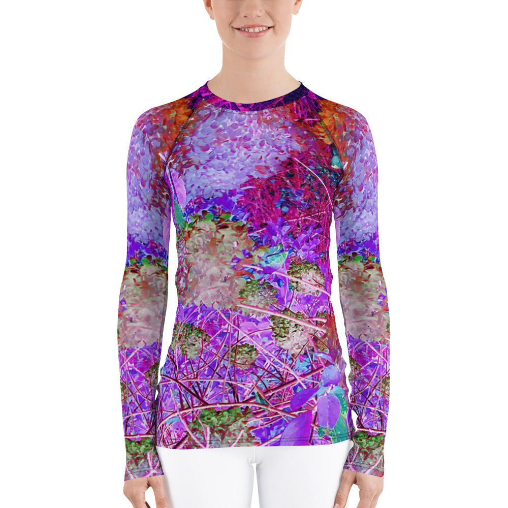 Women's Rash Guard Shirts, Spooky Abstract Orange and Purple Hydrangea Landscape