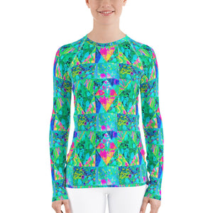 Women's Rash Guard Shirts, Garden Quilt Painting with Hydrangea and Blues