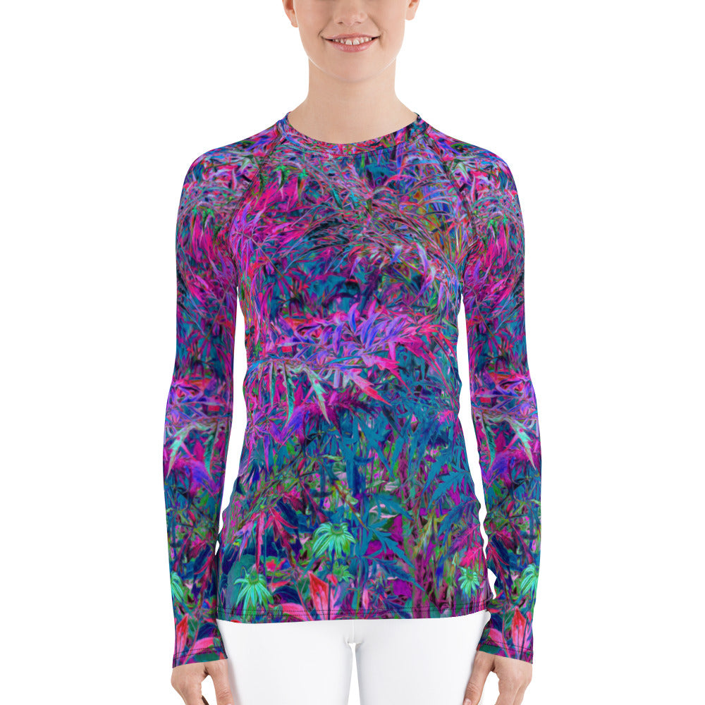 Women's Rash Guard Shirts, Abstract Psychedelic Rainbow Colors Foliage Garden