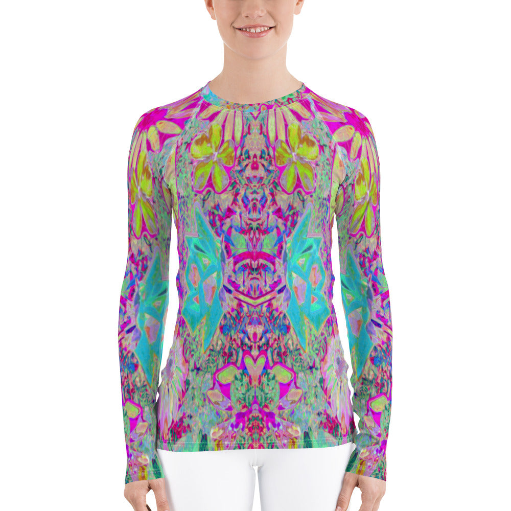 Women's Rash Guard Shirts, Psychedelic Abstract Magenta and Aqua Garden Collage