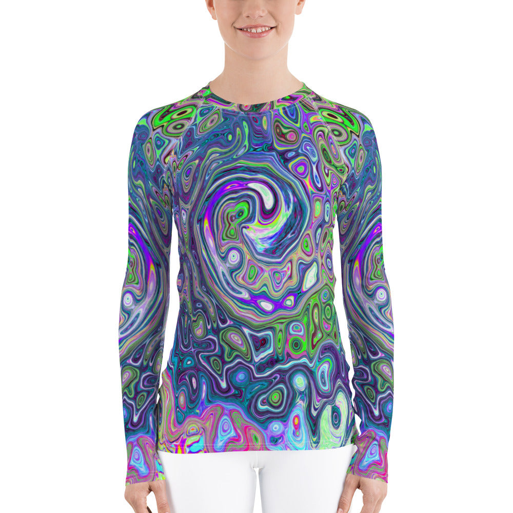 Women's Rash Guard Shirts, Marbled Lime Green and Purple Abstract Retro Swirl