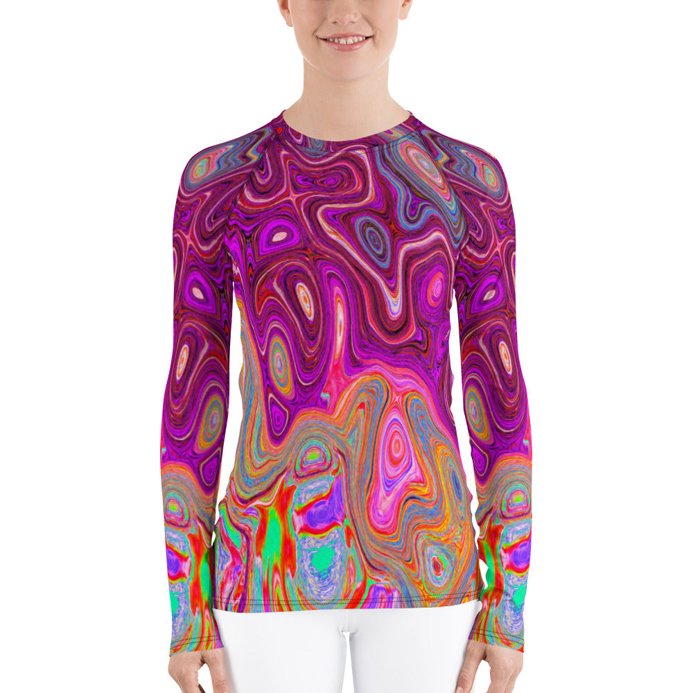 Women's Rash Guard Shirts, Trippy Abstract Cool Magenta Rainbow Colors Retro Art