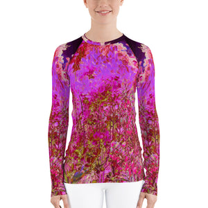 Women's Rash Guard Shirts, Colorful Abstract Foliage Garden with Purple Sunset