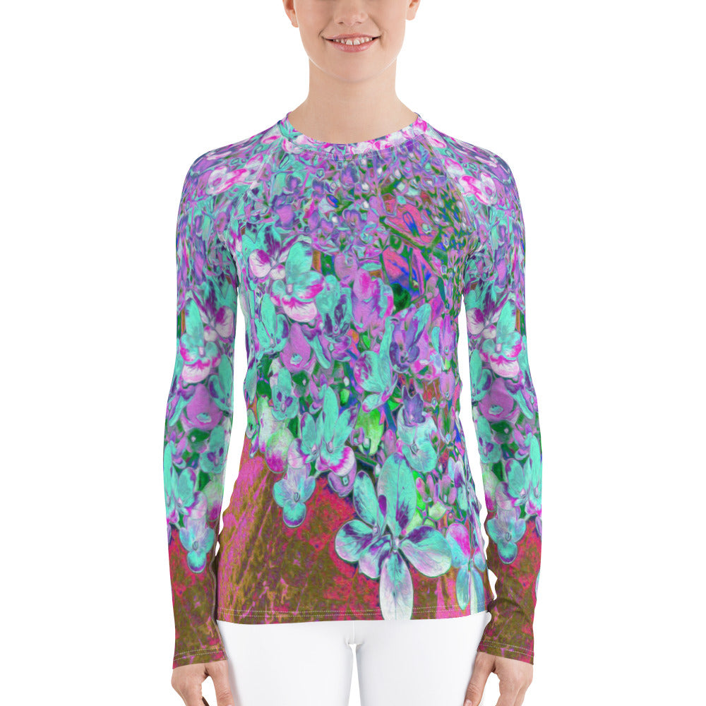 Women's Rash Guard Shirts, Elegant Aqua and Purple Limelight Hydrangea Detail