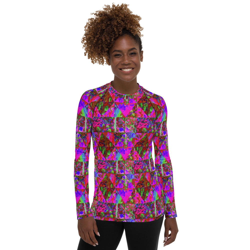 Women's Rash Guard Shirts, Trippy Garden Quilt Painting with Lime Green Hydrangea