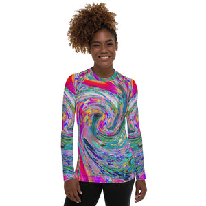 Women's Rash Guard Shirts, Abstract Floral Psychedelic Rainbow Waves of Color