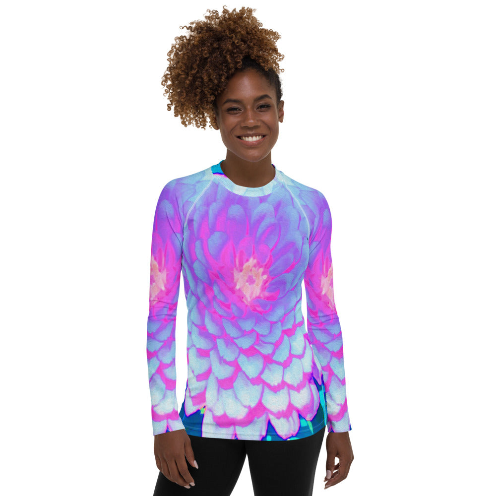 Women's Rash Guard Shirts, Pretty Purple and Pink Zinnia in the Summer Garden