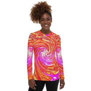 Women's Rash Guard Shirts, Abstract Retro Magenta and Autumn Colors Floral Swirl