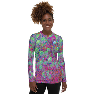 Women's Rash Guard Shirts, Magenta Garden with Aqua Hydrangea Flowers