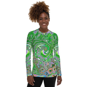 Colorful Women's Rash Guard Shirts, Trippy Lime Green and Pink Abstract Retro Swirl